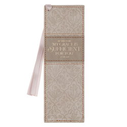 Image of Bookmark Faux Leather Taupe My Grace Is Sufficient For You 2 Cor. 12:9