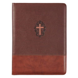 Image of Portfolio Folder With Cross Two-Tone Brown Faux Leather John 3:16