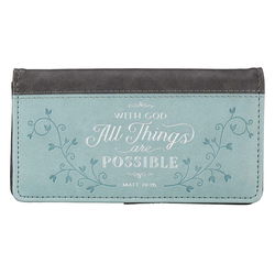 Image of Checkbook Cover All Things Are Possible Faux Leather Light Blue – Matthew 19:26