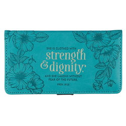 Image of Checkbook Cover Strength & Dignity Teal Faux Leather -Proverbs 31:25