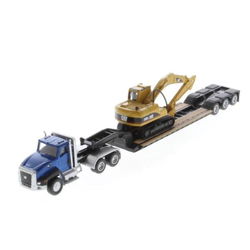 Image of Day Cab Tractor with Lowboy Trailer & Cat Hydraulic Excavator