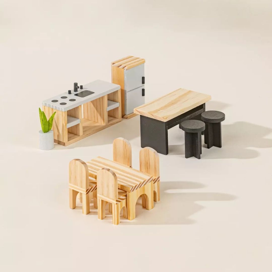 Image of Wooden Doll House Kitchen Furniture & Accessories (11 pcs)